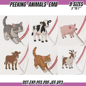 Peeking Farm Animals Embroidery Bundle, Cow, Pig, Goat, Cat Embroidery, Cute Animal Corner Embroidery Designs, Towel Emb Files, 9 Sizes