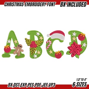 May include: Green embroidered Christmas font letters A, B, C, and D. Each letter is decorated with festive elements like baubles, stars, and a gingerbread man. The text "CHRISTMAS EMBROIDERY FONT - BX INCLUDED" is at the top.
