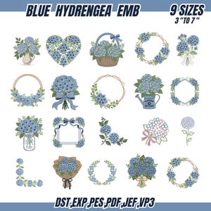 Blue Hydrangea Flower Embroidery Bundle, Hydrangea Hearts Embroidery, Spring Embroidery Designs, Flower Embroidery Design, Hydrangea Flower