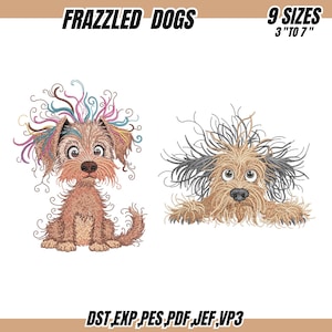 Pode incluir: Dois desenhos de cães bordados com o texto "FRAZZLED DOGS" e "9 SIZES 3" TO 7"". Um cão está sentado, o outro espreita por cima da borda. Os cães têm pelo castanho e cabelo colorido e desgrenhado. Os formatos de arquivo estão listados na parte inferior.