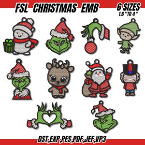 Puede incluir: Una colección de diseños de bordado con temática navideña. Los diseños incluyen un muñeco de nieve, el Grinch, un elfo, un reno, Papá Noel, un soldado de juguete y manos en forma de corazón. El texto "FSL CHRISTMAS EMB" y "6 SIZES 1.6" TO 4"" es visible.