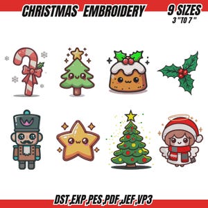 May include: A collection of Christmas embroidery designs, including a candy cane, Christmas tree, pudding, holly, nutcracker, star, angel, and Christmas tree. The designs are available in 9 sizes, ranging from 3 to 7 inches.