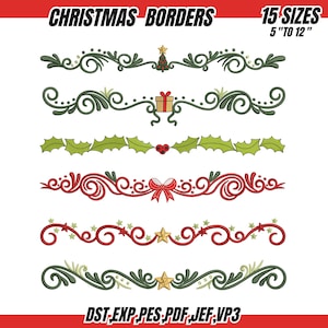 May include: A collection of Christmas border designs in various styles. The borders include festive elements like a Christmas tree, gift box, holly, bow, and stars. The text "CHRISTMAS BORDERS" and "15 SIZES 5" TO 12"" are displayed at the top.
