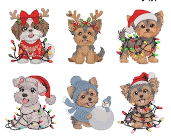 Christmas Dog Embroidery Designs, Christmas Dog with lights Embroidery, Holiday Pet Gift (Digital File) instant download