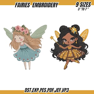 Puede incluir: Dos diseños de bordado de hadas. Una hada tiene cabello rubio, un vestido azul y una corona de flores. La otra hada tiene cabello oscuro, un vestido dorado y una varita de estrella. El texto "FAIRIES EMBROIDERY" y "9 SIZES 3" TO 7"" está en la parte superior.