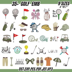 Op de afbeelding: Een verzameling van 35+ golfborduurontwerpen in 9 maten, variërend van 7,6 cm tot 17,8 cm. De ontwerpen omvatten golfballen, vlaggen, golfclubs, golftassen, golfkarren en tekst met de tekst "Be the Ball", "Born to Golf" en "I've Got Game".