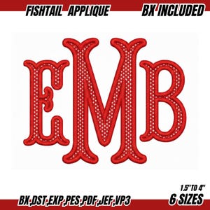 Puede incluir: Diseño de aplique de cola de pez rojo con las letras EMB y lunares blancos. El diseño incluye el texto "FISHTAIL APPLIQUE" y "BX INCLUDED". Disponible en 6 tamaños, de 3,8 cm a 10,2 cm.