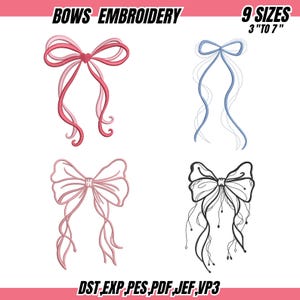 Puede incluir: Imagen que muestra cuatro diseños de lazos bordados en rosa, azul y negro. El texto "BOWS EMBROIDERY" y "9 SIZES 3" TO 7"" se muestran en la parte superior. La parte inferior de la imagen muestra formatos de archivo. Los lazos miden de 7.6 cm a 17.8 cm.
