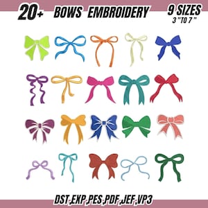 May include: An image showcasing a collection of embroidery designs featuring bows in various colors, including green, blue, orange, and pink. The text indicates "20+ BOWS EMBROIDERY" and "9 SIZES 3" TO 7". The image also lists file formats: DST, EXP, PES, PDF, JEF, VP3.