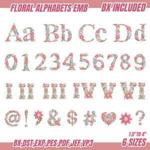 Puede incluir: Diseños de bordado floral de alfabeto y números. Las letras, números y símbolos están hechos de flores rosas, azules y verdes. Los tamaños varían de 3,8 a 10,2 cm.