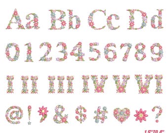Borduurontwerp bloemen alfabet – bloemlettertype A-Z (digitale download)