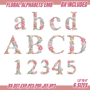 Peut inclure: Motifs de broderie florale de l'alphabet et des chiffres. Les lettres et les chiffres sont décorés de fleurs roses, bleues et vertes. L'image comprend le texte "FLORAL ALPHABETS EMB" et "BX INCLUDED". Les tailles varient de 3,8 cm à 10,2 cm.