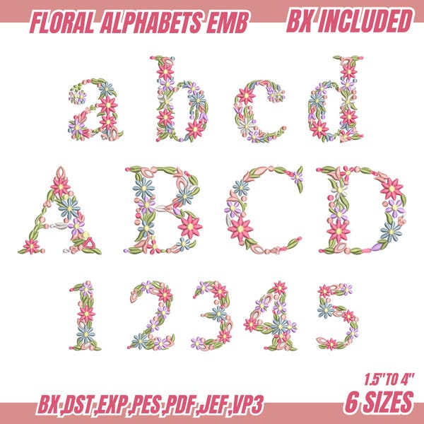 Floral Alphabet Embroidery Design: A-Z Font Bundle (6 Sizes, Digital Download)