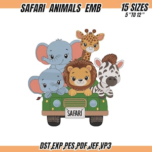 Safari Animals Embroidery Design: Jungle Car, Zoo Animals (Instant Download, 15 Sizes)