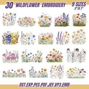 Puede incluir: Una colección de 30 diseños de bordado de flores silvestres en varios tamaños, de 7,6 cm a 17,8 cm. Los diseños presentan arreglos florales coloridos con mariposas. La imagen incluye el texto "WILDFLOWER EMBROIDERY".