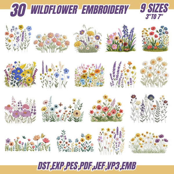 Borduurpatronen voor een bloemenweide: Cottagecore Boho-bundel (9 maten, direct te downloaden)