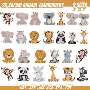 Könnte beinhalten: Eine Sammlung von 26 Safari-Tier-Stickmustern, darunter Affen, Elefanten und Giraffen. Die Designs sind in 9 Größen von 7,6 cm bis 17,8 cm erhältlich. Der Text "26 SAFARI, ANIMAL, EMBROIDERY" ist ebenfalls enthalten.