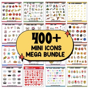 Könnte beinhalten: Eine digitale Sammlung von über 400 Mini-Stickerei-Symbolen mit verschiedenen Themen, darunter Früchte, Golf, Jagd, Sterne, Schulbedarf, Sport-Schleifen, Smileys, Sportbälle, Küstenmotive, Blätter, Kronen, Herzen und Blumen.