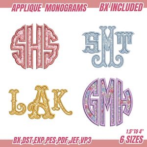 May include: Four embroidered applique monogram designs featuring letters SHS, SMT, LAK, and GMH in various floral and solid patterns. Text includes APPLIQUE MONOGRAMS, BX INCLUDED, and 1.5" TO 4" 6 SIZES, with file formats BX, DST, EXP, PES, PDF, JEF, VP3 listed.