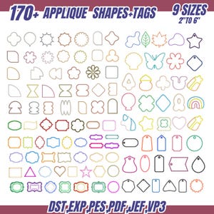 May include: An assortment of 170+ applique shapes and tags in diverse designs, such as stars, flowers, and geometric forms. The image also includes the text "9 sizes 5 cm to 15 cm" and file formats.