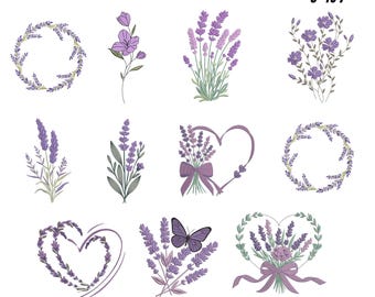Lavendelborduurontwerpen – bloemenkransset (3-7 inch, direct downloaden)