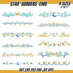 Puede incluir: Diseños de bordes bordados con estrellas, lunas y espirales en tonos dorados, azules y turquesas. El texto superior dice "STAR BORDERS EMB" y "9 TAMAÑOS 3" A 7". El texto inferior incluye formatos de archivo.