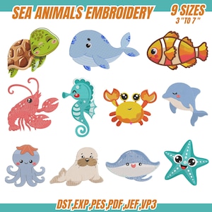 Könnte beinhalten: Gestickte Designs von Meerestieren, darunter eine Schildkröte, ein Wal, ein Clownfisch, ein Hummer, ein Seepferdchen, eine Krabbe, ein Delfin, ein Oktopus, eine Robbe, ein Stachelrochen und ein Seestern. Der Text "SEA ANIMALS EMBROIDERY" und "9 SIZES 3" TO 7"" sind oben. Dateiformate unten.