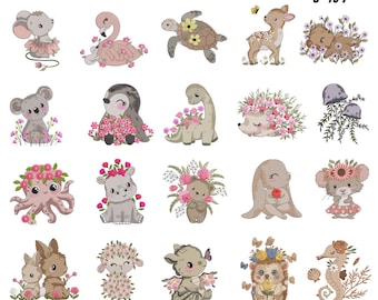 20 Animals Embroidery Bundle, Zoo Animal With Flowers Machine Embroidery, Cute Baby Jungle Animals Embroidery, Sea Animal Embroidery, 9 Size