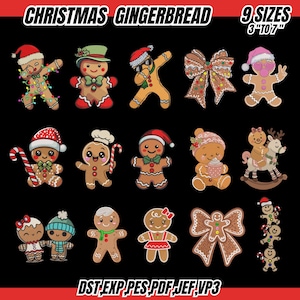Può includere: Una collezione di disegni di pan di zenzero natalizi in varie pose e stili, tra cui un fiocco, un cavallo a dondolo e omini di pan di zenzero con cappelli di Babbo Natale. Il testo "CHRISTMAS GINGERBREAD" e "9 SIZES 3" to 7"" sono in alto. I tipi di file sono elencati in basso.