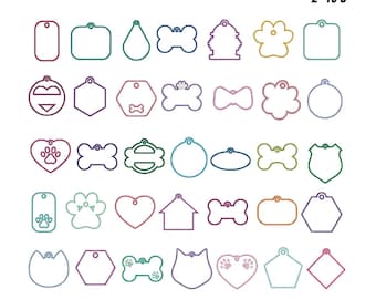 Könnte beinhalten: Ein Bild mit 40 Designs für Haustieranhänger in verschiedenen Formen, darunter Knochen, Herzen und Kreise. Der Text lautet "40 PET TAGS EMB" und "9 SIZES 2" TO 6". Die Anhänger sind in verschiedenen Farben umrandet.