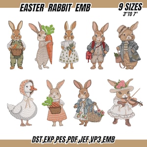 Może przedstawiać: Obraz z haftowanymi wzorami królików wielkanocnych w różnych strojach, trzymających marchewki, kosze i skrzypce. Tekst "EASTER RABBIT EMB" i "9 SIZES 3" TO 7"" jest wyświetlany u góry. Na dole wyświetlane są formaty plików.