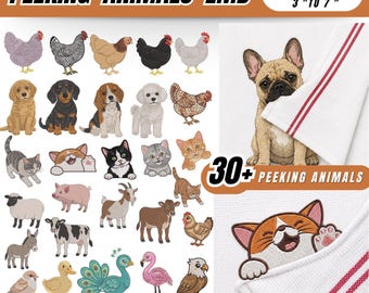 30+ Peeking Animals Machine Embroidery Designs, Farm Chicken Dog Cat Bird Bundle, Kitchen Towel Topper, 9 Sizes, Instant Download