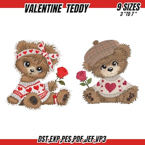 May include: Two cartoon teddy bears, one with a bow and headband, the other with a cap, both holding roses. They wear sweaters with heart designs. Text reads "VALENTINE TEDDY" and "9 SIZES 3" TO 7" ".