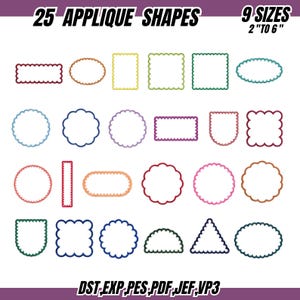May include: An image showcasing 25 applique shapes in various colors and designs, including rectangles, ovals, and circles. The text indicates 9 sizes ranging from 2 to 6 inches. The image also lists file formats.