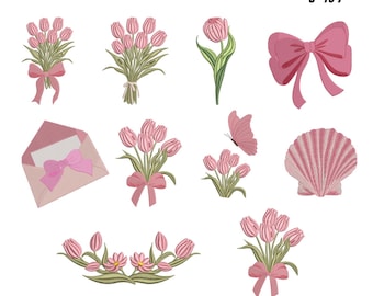 Pink Tulip Flower Embroidery Bundle Design, Spring Floral Machine Embroidery File, Bouquet with Ribbon Embroidery Pattern, Instant Download
