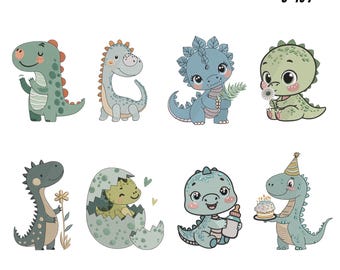 Borduurontwerpen babydinosaurus, kinderkamer dino stoffen (direct downloaden)