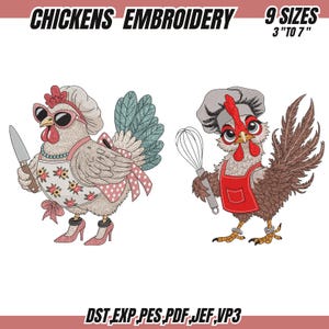 Puede incluir: Diseños de bordado de pollos. Un pollo lleva gafas de sol, un gorro de chef y tacones altos, sosteniendo un cuchillo. El otro pollo lleva gorro de chef y delantal, sosteniendo un batidor. El texto dice "CHICKENS EMBROIDERY" y "9 TAMAÑOS 7.6cm A 17.8cm"