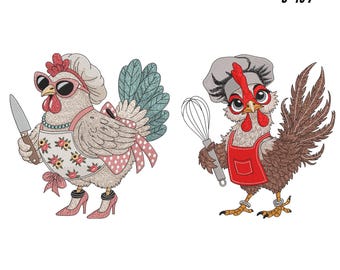 Borduurontwerpbundel kip, borduurontwerp grappige boerderijdieren, direct downloaden, 9 maten