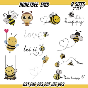 Può includere: Una collezione di simpatici ricami a tema api. I disegni includono api con cuori, le parole "bee kind", "love", "let it", "happy" e "bee different". Disponibile in 9 misure, da 7.6 cm a 17.8 cm.
