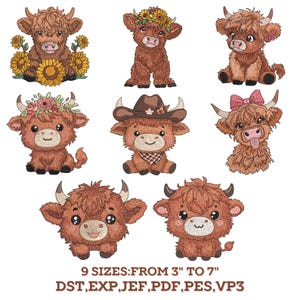 May include: A collection of nine cartoon Highland cows in various poses, each with a unique accessory such as a flower crown, cowboy hat, or bow. The cows are brown with large eyes and horns. Text at the bottom reads "9 SIZES: FROM 3" TO 7""