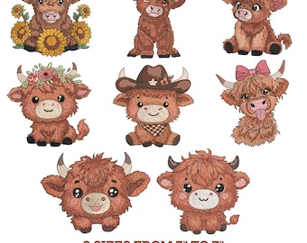 Highland Cow Machine Embroidery Design, Baby Highland Heifer Cow, Floral highland Cow, Nursery Machine Embroidery, 7 Sizes, Instant Download