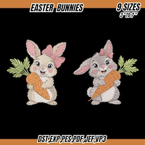 Könnte beinhalten: Zwei gestickte Osterhasen auf schwarzem Hintergrund. Jeder Hase hält eine Karotte und trägt eine rosa Schleife. Oben steht der Text "EASTER BUNNIES" und "9 SIZES 3" TO 7"". Der Text unten lautet "DST EXP PES PDF JEF, VP3".