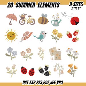 Op de afbeelding: Een verzameling van 20 zomerse borduurontwerpen, waaronder een zon, een bij, een lieveheersbeestje en een fiets. De ontwerpen zijn beschikbaar in 9 maten, variërend van 5.08 cm tot 15.24 cm. De afbeelding toont ook de bestandsformaten: DST, EXP, PES, PDF, JEF en VP3.