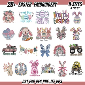 May include: A selection of Easter embroidery designs, including bunnies, eggs, and seasonal phrases. Designs include a bunny with a carrot, Easter eggs, and the text "Happy Easter". Available in 9 sizes, ranging from 10.16 cm to 20.32 cm.