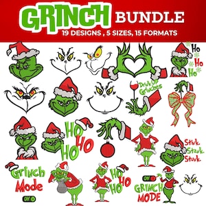 Puede incluir: Una colección de diseños temáticos del Grinch en verde, rojo y blanco. La imagen incluye varias caras, manos y figuras del Grinch, junto con texto que dice "Grinch Bundle", "19 Designs, 5 Sizes, 15 Formats", "Grinch Mode" y "Ho Ho Ho".