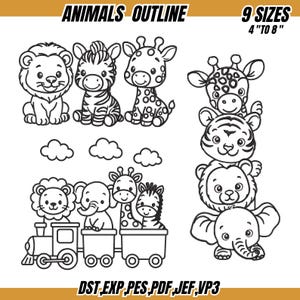 Peut inclure: Dessin au trait noir et blanc de divers animaux, dont un lion, un zèbre, une girafe et un éléphant. L'image comprend le texte "ANIMALS OUTLINE" et "9 SIZES 4" TO 8"", ainsi que des abréviations de type de fichier.