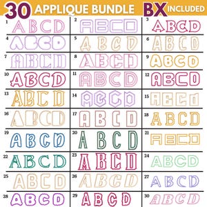Op de afbeelding: Een afbeelding met 30 verschillende applicatieletterontwerpen, elk met de letters ABCD in verschillende lettertypen en kleuren. De tekst "30 APPLIQUE BUNDLE BX INCLUDED" staat bovenaan.