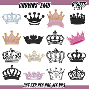 Puede incluir: Una colección de diseños de coronas bordadas en varios estilos y colores, incluyendo rosa, negro y dorado. El texto "CROWNS EMB" y "9 SIZES 2" TO 6"" se muestran en la parte superior. Los tipos de archivo DST, EXP, PES, PDF, JEF y VP3 se enumeran en la parte inferior.