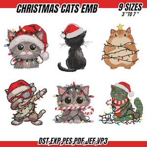 Può includere: Una collezione di ricami di gatti natalizi. Ogni gatto è decorato con elementi festivi come cappelli di Babbo Natale, luci a stringa e bastoncini di zucchero. Disponibile in 9 misure, da 7,6 a 17,8 cm.