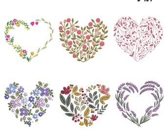 Floral Hearts Embroidery Design: 6 Romantic Flower Patterns (Instant Download, 9 Sizes)